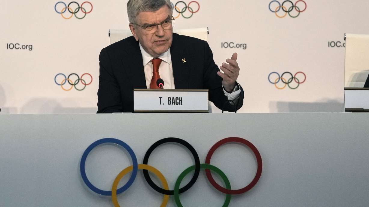 International Olympic Committee President Thomas Bach speaks during a press conference, ahead of the 144th session which will elect the new IOC President, in Costa Navarino, southwestern Greece, Monday, March 17, 2025.