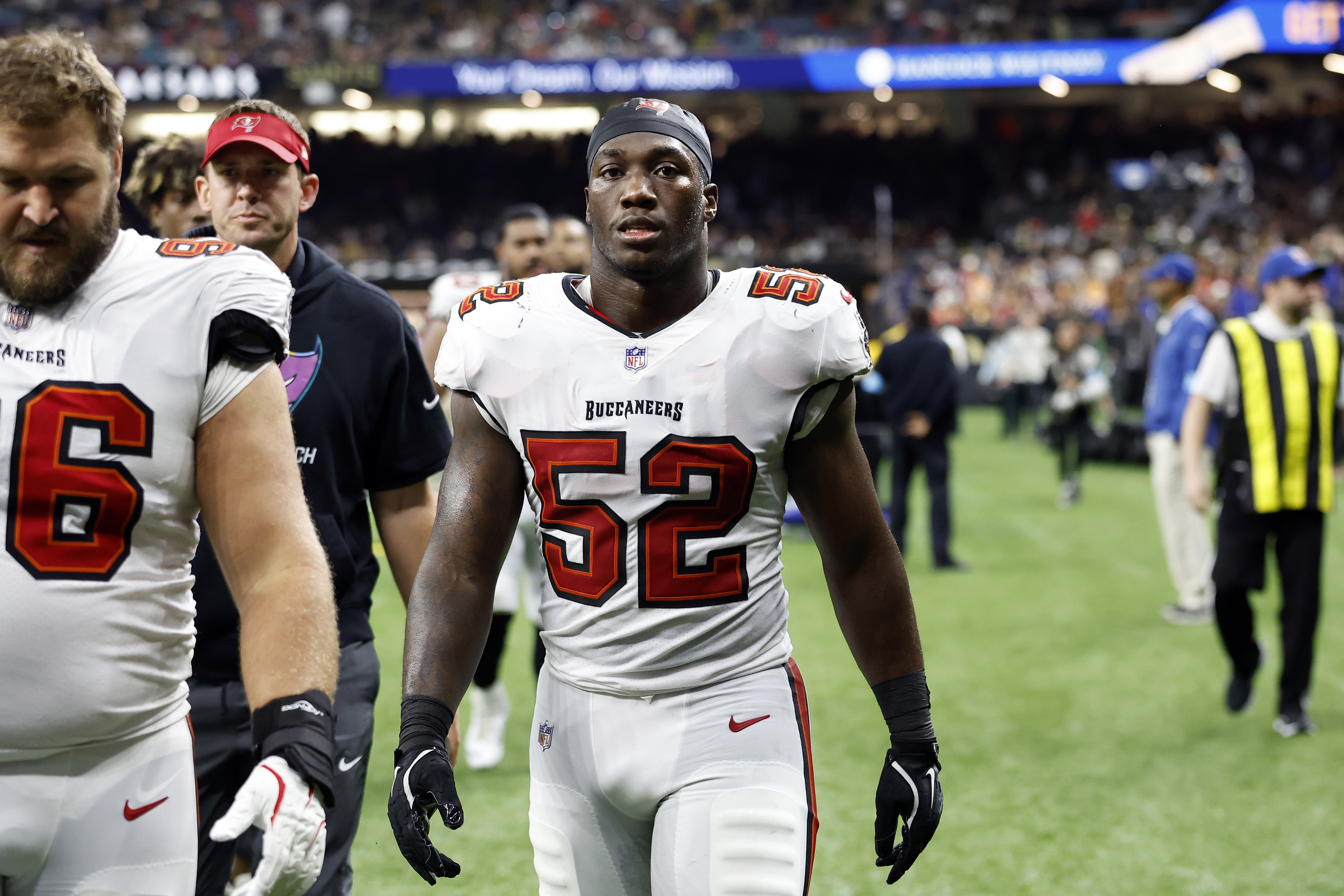 FILE -Tampa Bay Buccaneers linebacker K.J. Britt (52) walks off the field during an NFL football game against the New Orleans Saints, Sunday, Oct. 13, 2024, in New Orleans.
