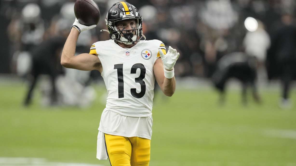 FILE - Pittsburgh Steelers wide receiver Scotty Miller warms up before an NFL football game against the Las Vegas Raiders, Oct. 13, 2024, in Las Vegas.