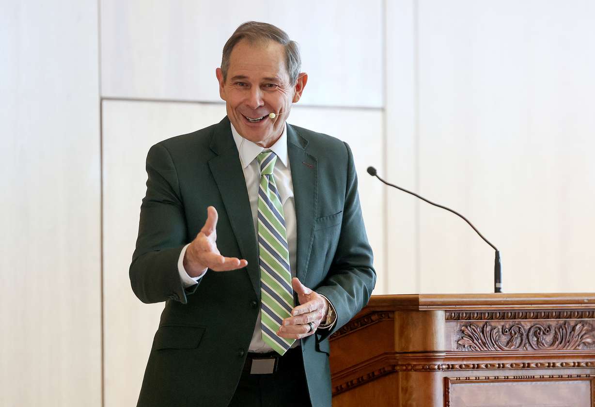 Sen. John Curtis, R-Utah, speaks to BYU students and faculty about "Inspiring the Next Generation of Public Servants" at the Gordon B. Hinckley Alumni and Visitors Center in Provo on Monday.