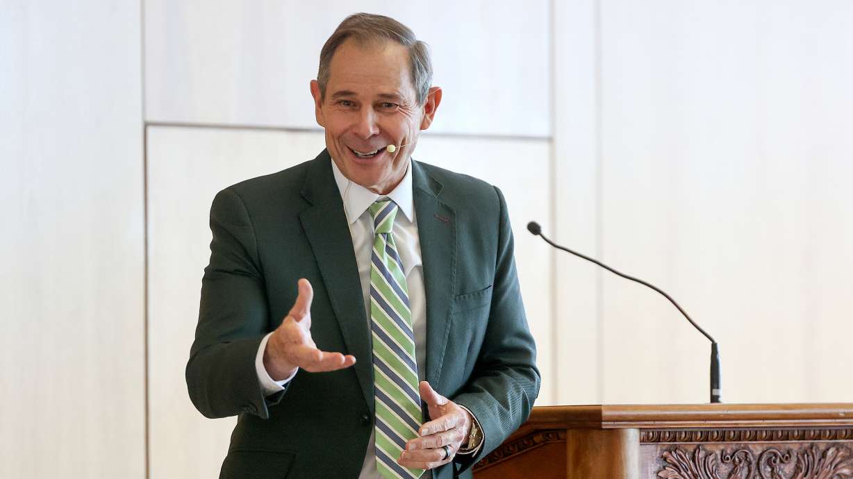 Sen. John Curtis, R-Utah, speaks to BYU students and faculty on March 17, 2025. Curtis is teaming up with a Democrat to try to expand benefits for families of wildland firefighters who die in the line of duty.