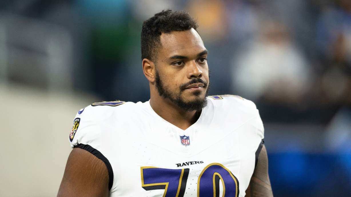 Baltimore Ravens offensive tackle Ronnie Stanley (79) walks on the field before an NFL football game against the Los Angeles Chargers, Monday, Nov. 25, 2024, in Inglewood, Calif.