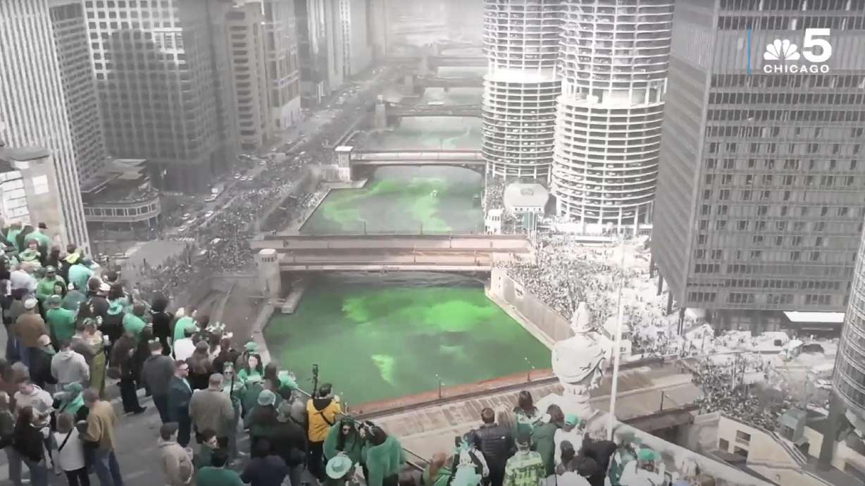 Thousands of people line the sidewalks to watch the Chicago River be transformed into bright green for St. Patrick's Day on Saturday, March 15.