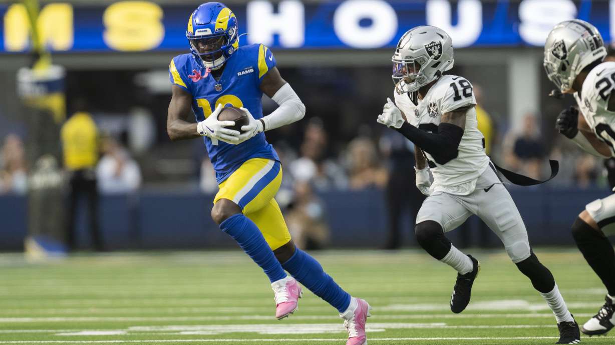 FILE - Los Angeles Rams wide receiver Tyler Johnson (18) runs with the ball past Las Vegas Raiders cornerback Jack Jones (18) during an NFL football game, Sunday, Oct. 20, 2024, in Inglewood, Calif.