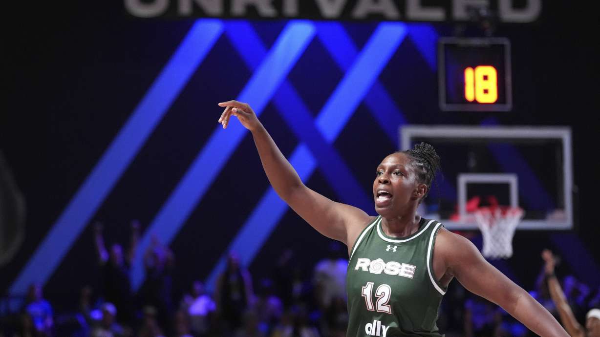 Rose guard Chelsea Gray celebrates scoring the game-winning basket against the Laces in their Unrivaled 3-on-3 basketball semifinal, Sunday, March 16, 2025, in Medley, Fla.