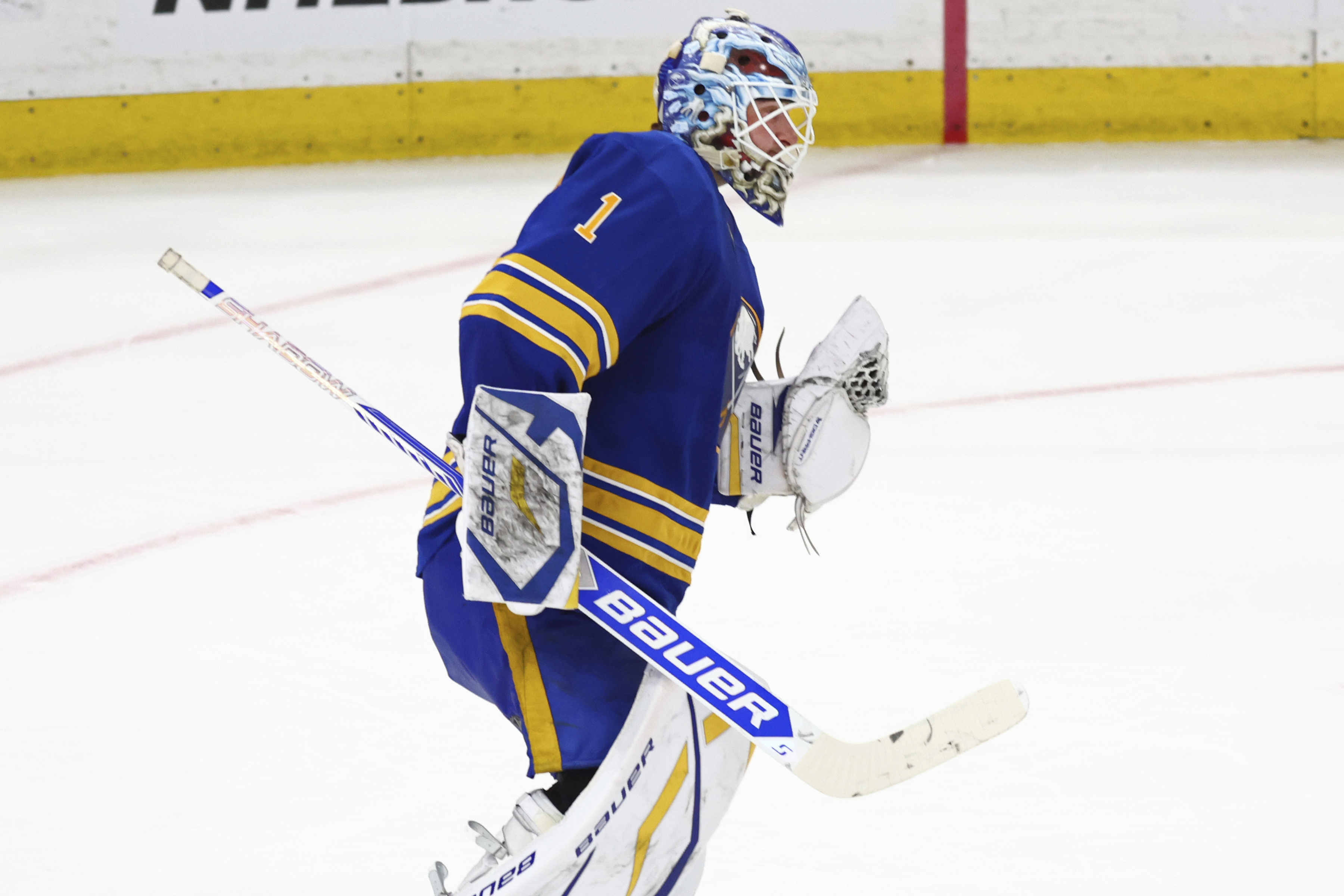 Buffalo Sabres goaltender Ukko-Pekka Luukkonen (1) celebrates after a victory following a shootout of an NHL hockey game against the Vegas Golden Knights, Saturday, March 15, 2025, in Buffalo, N.Y.