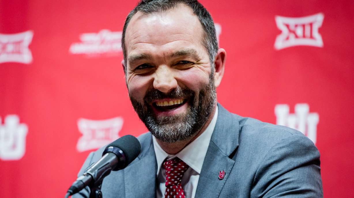Alex Jensen is introduced as the new head coach for the University of Utah men's basketball team at a press conference at the Jon M. Huntsman Center in Salt Lake City on Monday, March 17, 2025.