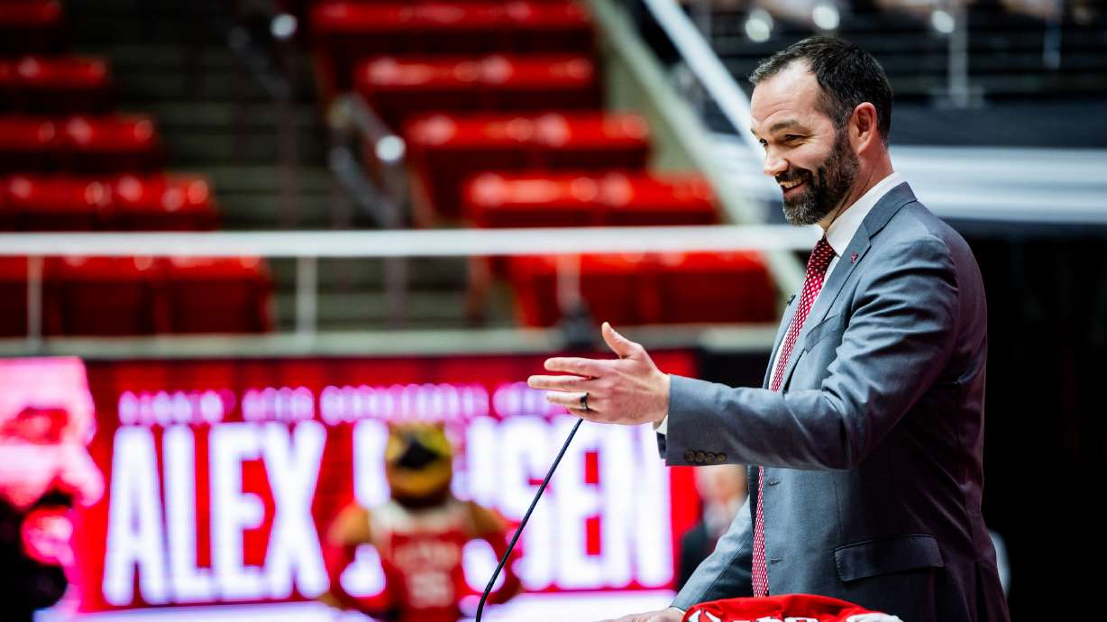 Alex Jensen is introduced as the new head coach for the University of Utah men's basketball team at a press conference at the Jon M. Huntsman Center in Salt Lake City on Monday, March 17, 2025.
