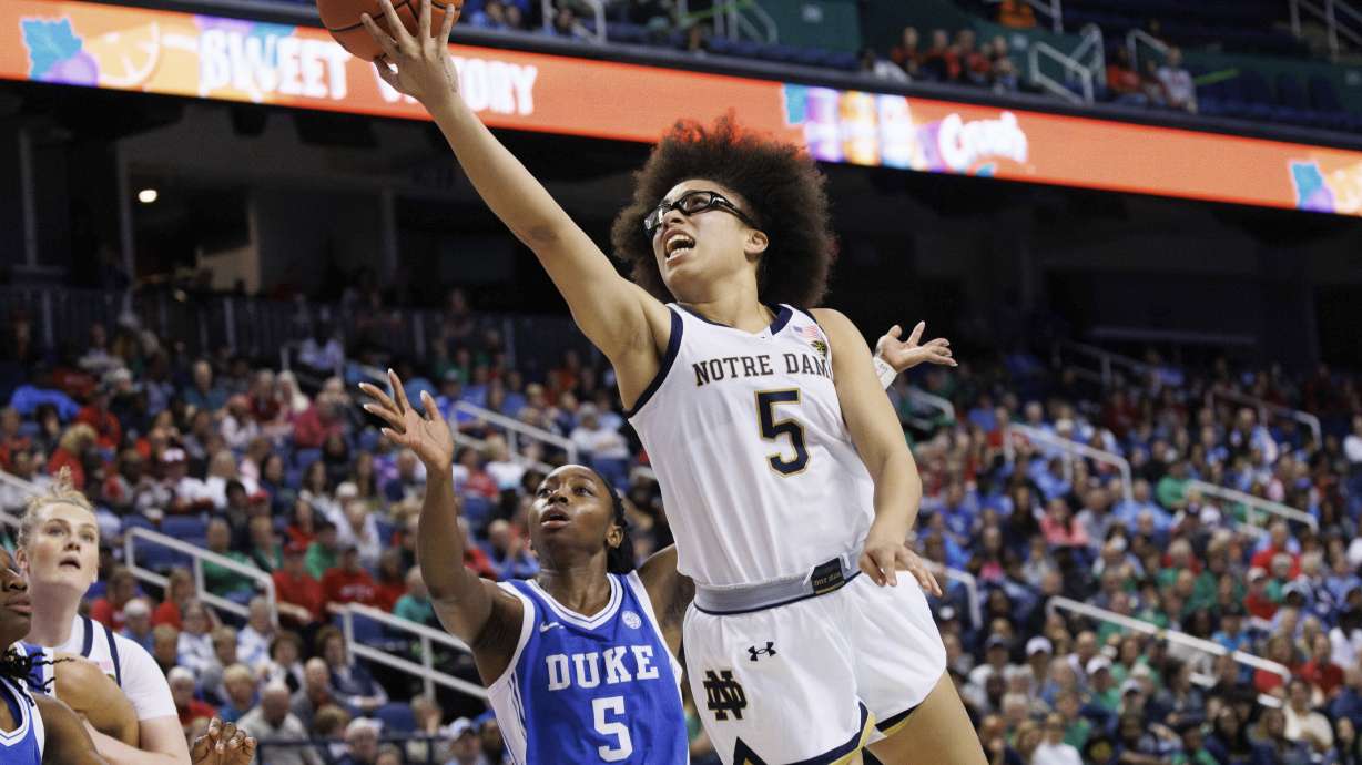 Notre Dame's Olivia Miles, right, attempts a shot ahead of Duke's Oluchi Okananwa, left, during the first half of an NCAA college basketball game in the semifinals of the Atlantic Coast Conference tournament in Greensboro, N.C., Saturday, March 8, 2025.