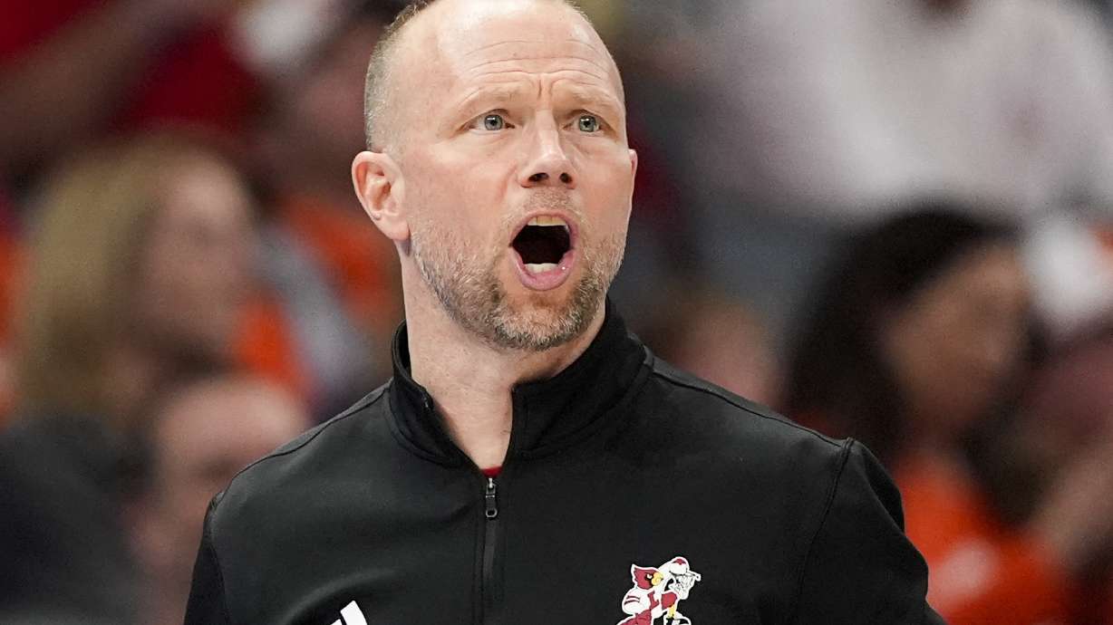Louisville head coach Pat Kelsey yells during the second half of an NCAA college basketball game against the Clemson in the semifinals of the Atlantic Coast Conference tournament, Saturday, March 15, 2025, in Charlotte, N.C.