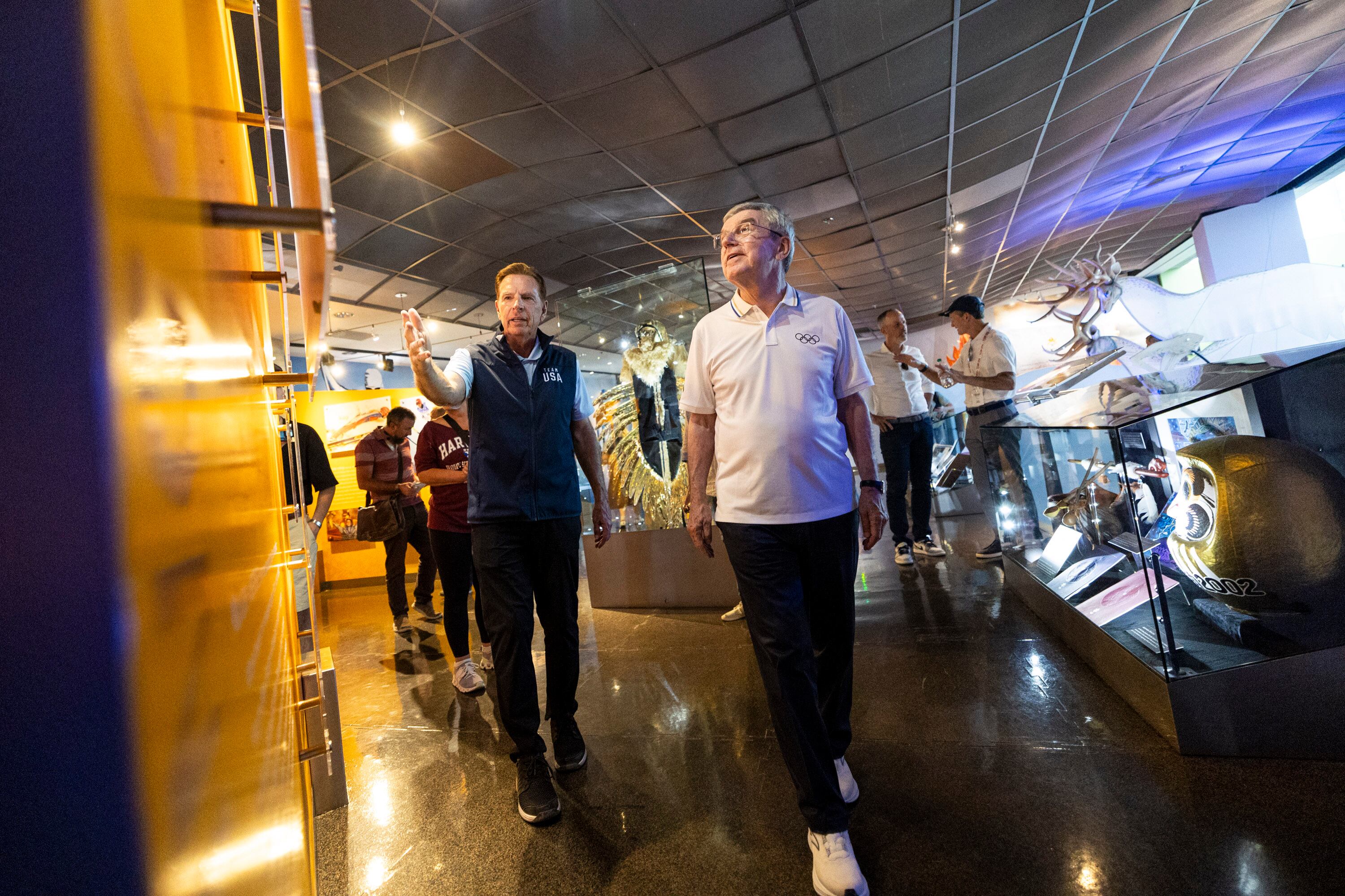 Salt Lake City-Utah 2034 President and CEO Fraser Bullock shows International Olympic Committee President Thomas Bach around the 2002 Olympic and Paralympic Museum within the Utah Olympic Park in Park City on Sept. 28. 2024.