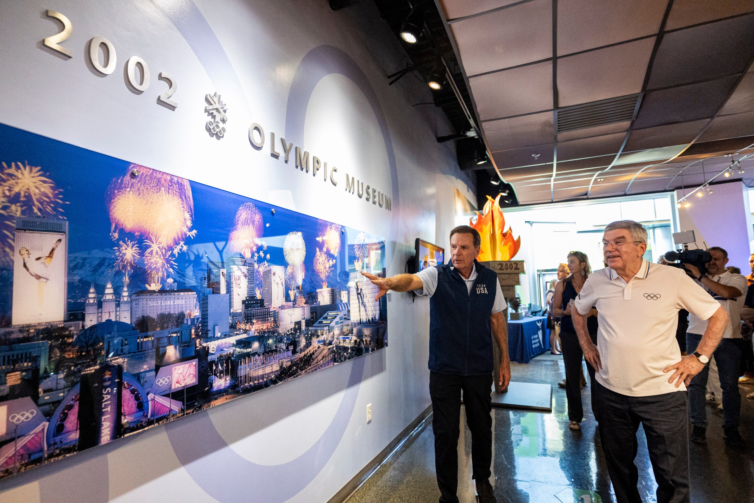 Salt Lake City-Utah 2034 President and CEO Fraser Bullock shows International Olympic Committee President Thomas Bach around the 2002 Olympic and Paralympic Museum within the Utah Olympic Park in Park City on Saturday, Sept. 28. 2024.