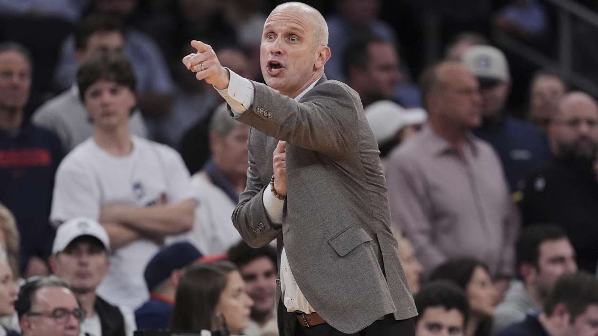 UConn head coach Dan Hurley calls out to his team during the second half of an NCAA college basketball game against Villanova at the Big East basketball tournament Thursday, March 13, 2025, in New York.