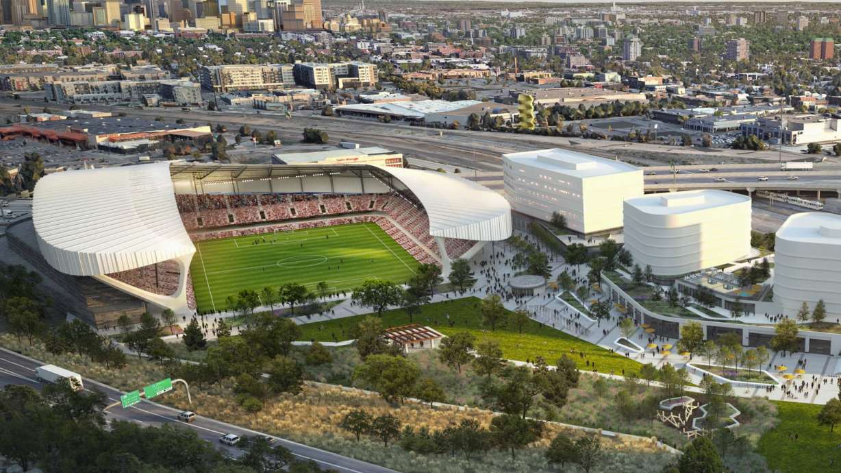 This image provided by the Skylark, shows an artists' rendering of the proposed new stadium for the expansion National Women’s Soccer League team in Denver.