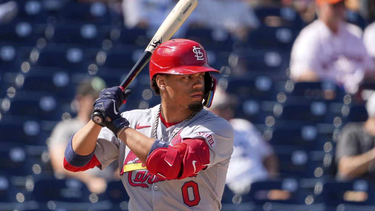 St. Louis Cardinals' Masyn Winn bats during the third inning of a spring training baseball game against the Houston Astros Friday, Feb. 28, 2025, in West Palm Beach, Fla.