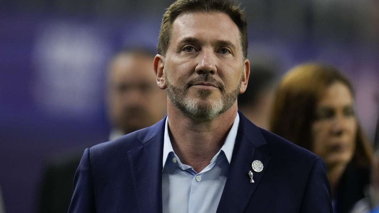 FILE - Alejandro Dominguez, president of CONMEBOL, enters the stadium during a Copa America quarterfinal soccer match between Venezuela and Canada, July 5, 2024, in Arlington, Texas.