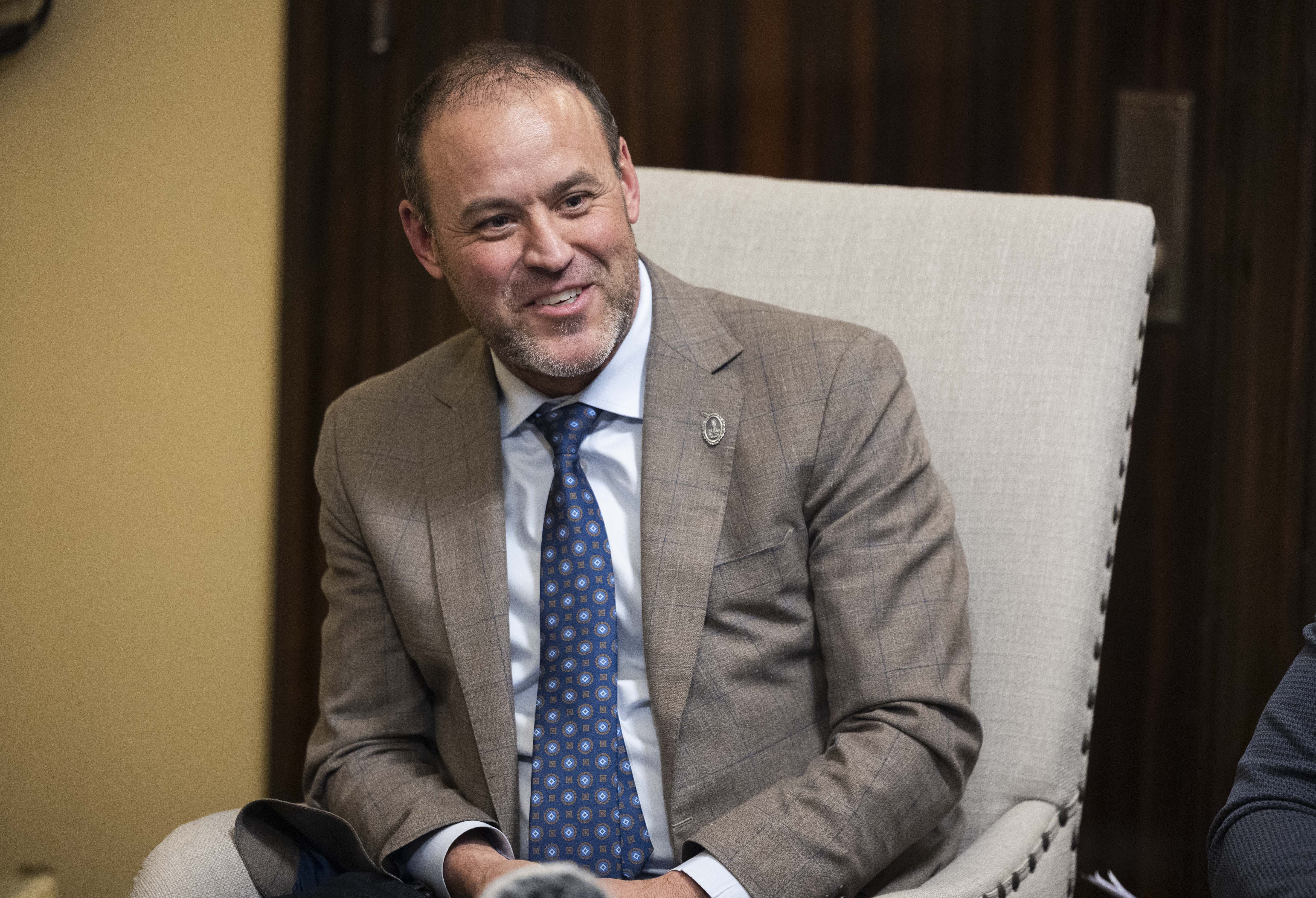 House Speaker Mike Schultz speaks to the media in his office at the Capitol in Salt Lake City on March 7. Schultz defended a bill banning public sector unions from collective bargaining, saying it balances the interests of state workers and taxpayers.