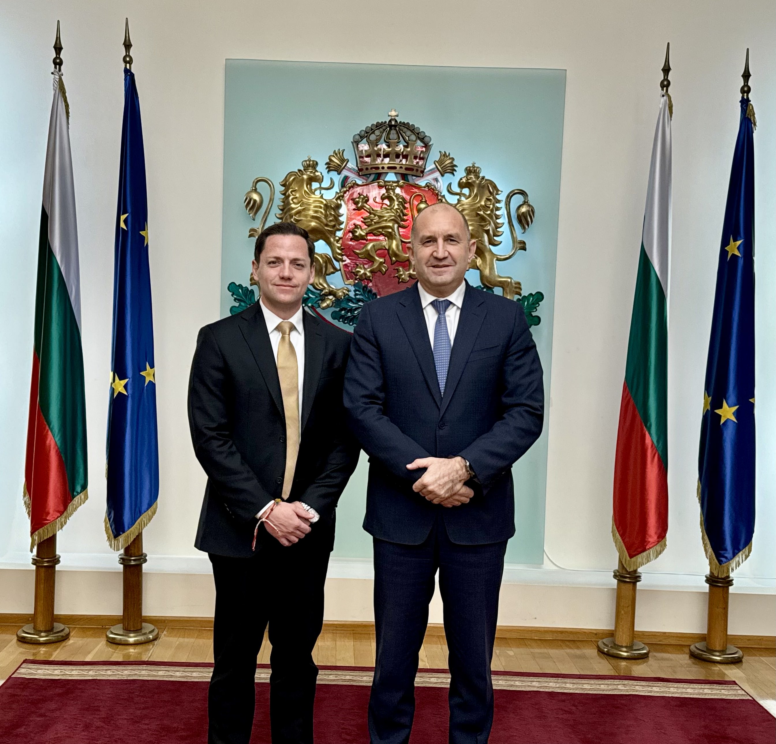 Bulgarian President Rumen Radev poses with 47G CEO Aaron Starks during the Utah association's trip to the southeast European country in March 2025.