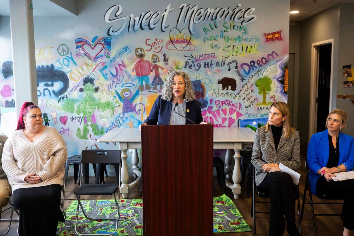 Tracy Gruber, director of Utah’s Department of Health and Human Services, speaks at a press conference announcing a newly established bereavement support network for children suffering the death of a parent or caregiver at The Sharing Place in Taylorsville on Tuesday, March 18.