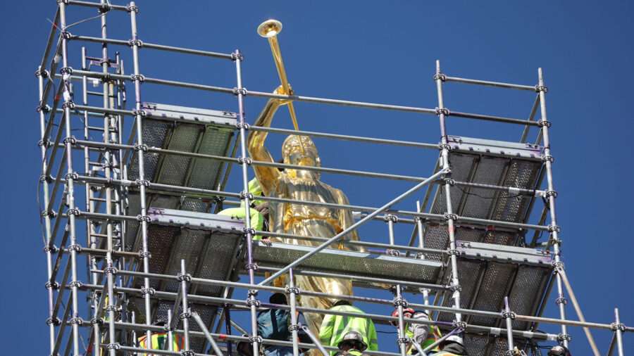 Angel Moroni is raised atop the Salt Lake Temple in Salt Lake City on Tuesday, April 2, 2024.