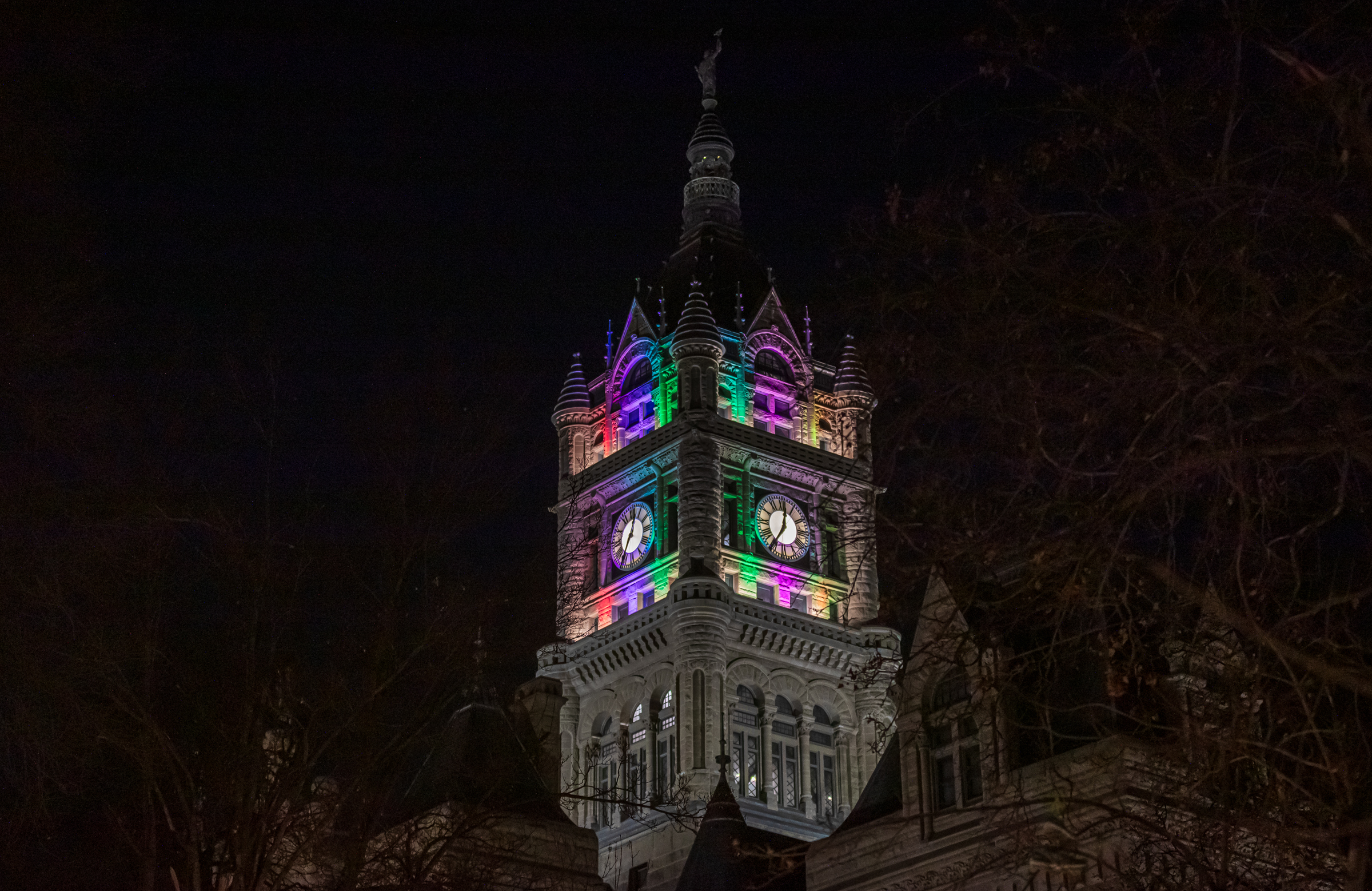 The Salt Lake City-County Building tower is lit up in a rainbow of colors on March 7, as part of a "statement" about HB77. City leaders, who have opposed the bill, say they're exploring next steps if the bill is signed into law.