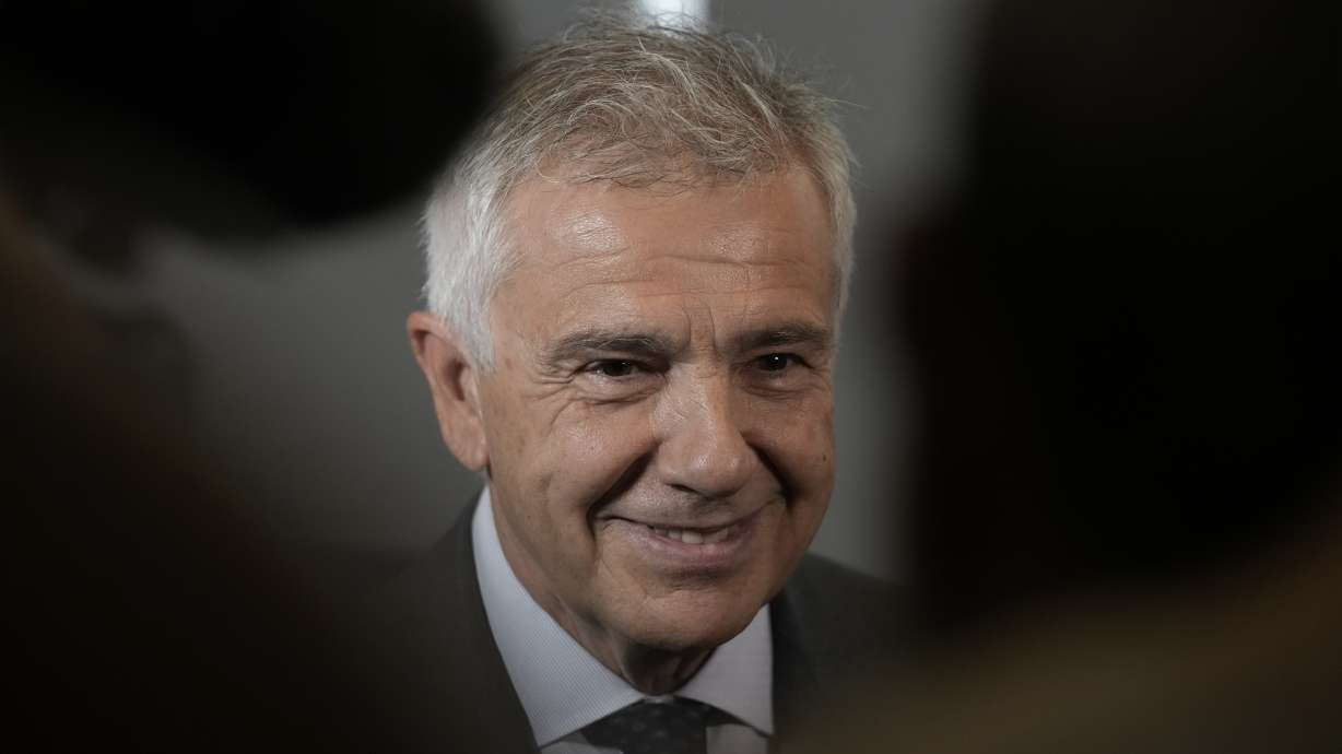 Candidate to the presidency of the International Olympic Committee Juan Antonio Samaranch makes statements during a break of the 144th session, which will elect the new IOC President, in Costa Navarino, western Greece, Wednesday, March 19, 2025.