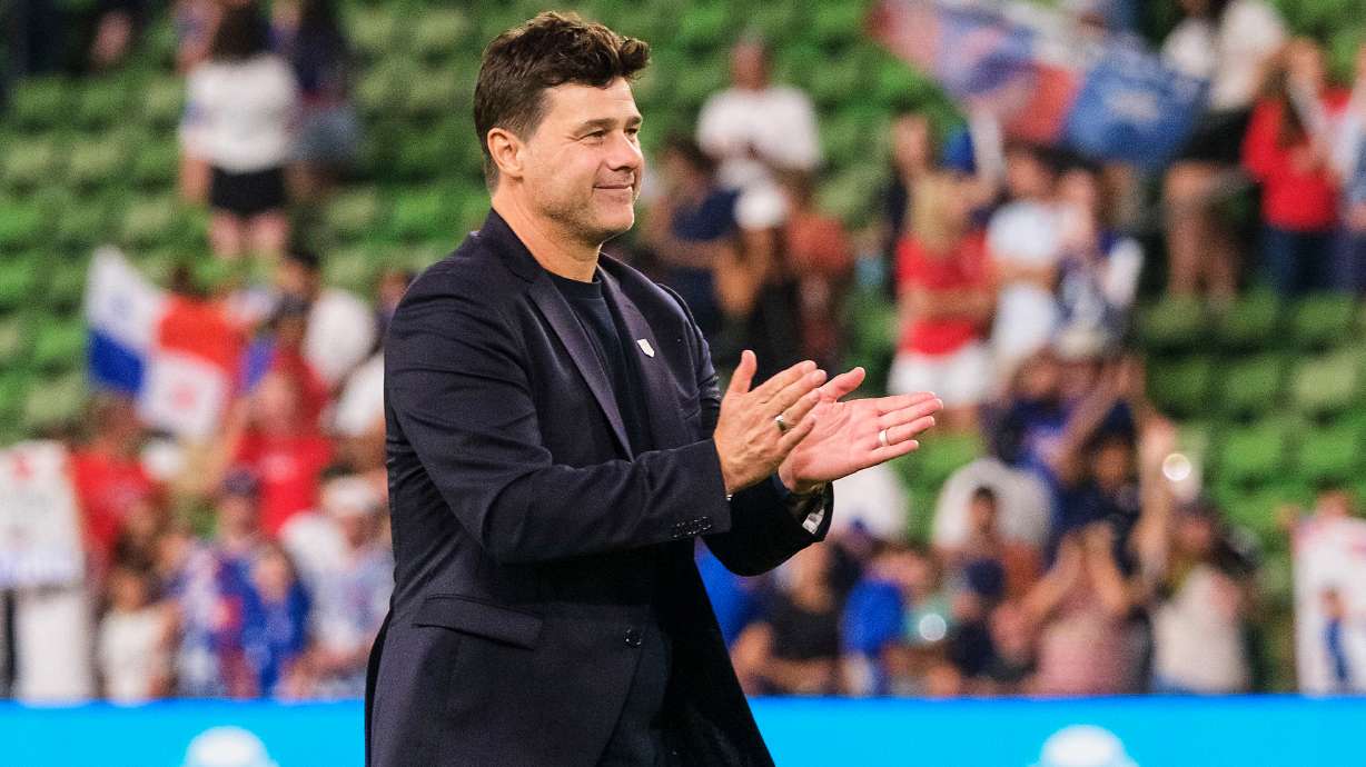 FILE - United States head coach Mauricio Pochettino celebrates with fans after defeating Panama in an international friendly soccer match, Saturday, Oct. 12, 2024, in Austin, Texas.