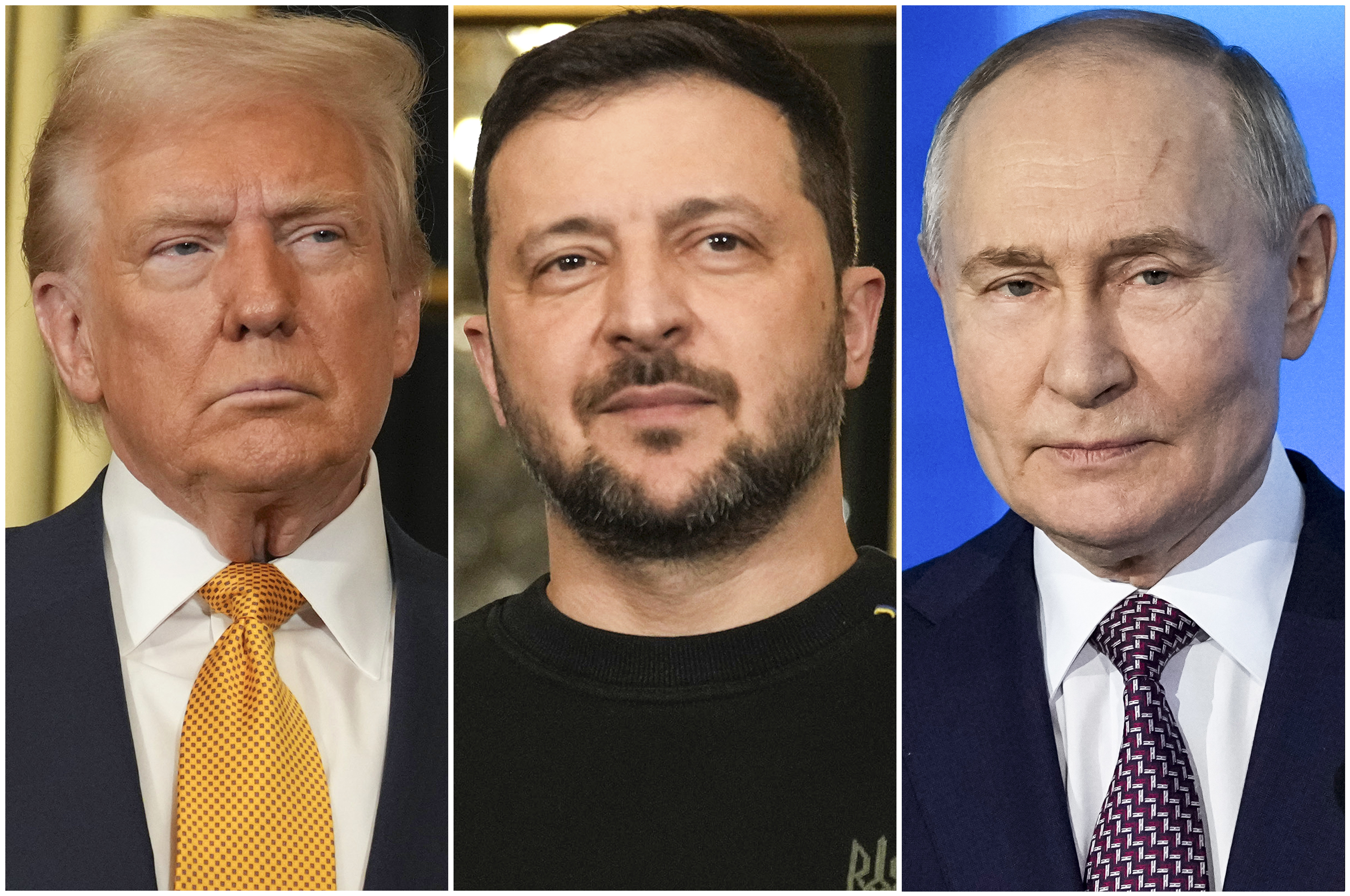 Combination photos of President Donald Trump, left, Ukrainian President Volodymyr Zelenskyy, center, and Russian President Vladimir Putin, right. Ukraine and Russia agreed in principle to a limited ceasefire after Trump spoke with the countries' leaders this week.