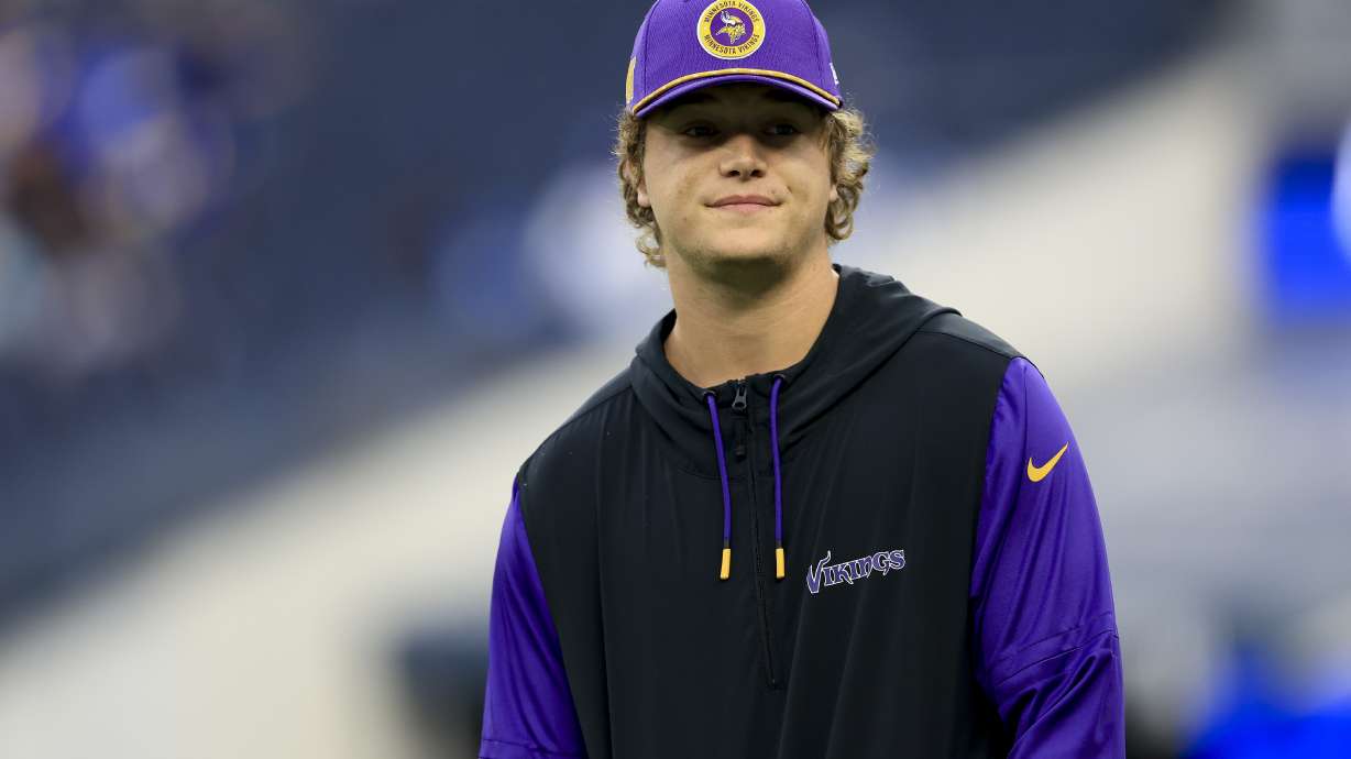 FILE - Minnesota Vikings quarterback JJ McCarthy stands before an NFL football game against the Los Angeles Rams Oct. 24, 2024, in Inglewood, Calif.