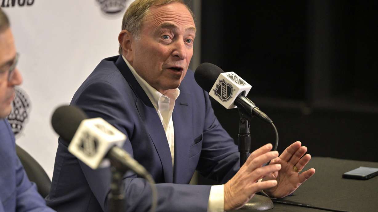 NHL commissioner Gary Bettman addresses a media conference prior to the NHL game hockey between the Los Angeles Kings and the Utah Hockey Club, Saturday, Feb. 22, 2025, in Los Angeles.