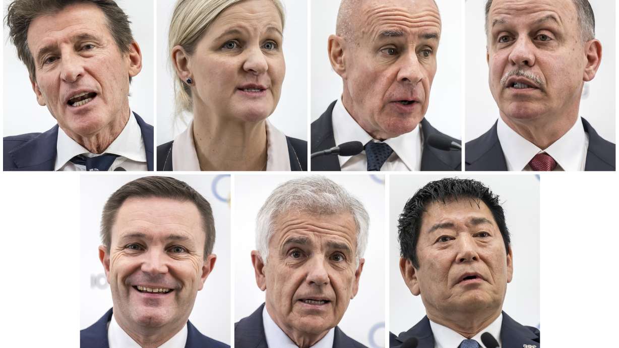 FILE - This combo of Jan. 30, 2025, file photos, shows the seven candidates in the International Olympic Committee presidential election, from top row from left, Sebastian Coe, Kirsty Coventry, Johan Eliasch, and Prince Feisal al Hussein, bottom row from left, David Lappartient, Juan Antonio Samaranch and Morinari Watanabe.