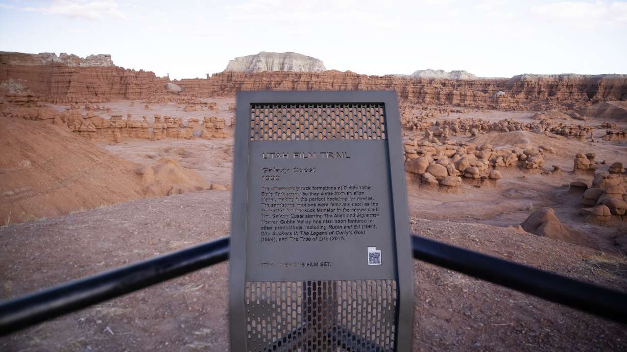 A new Utah Film Trail marker is seen at Goblin Valley State Park in Emery County. It's one of 20 popular filming sites selected to be part of the new program announced on Wednesday.