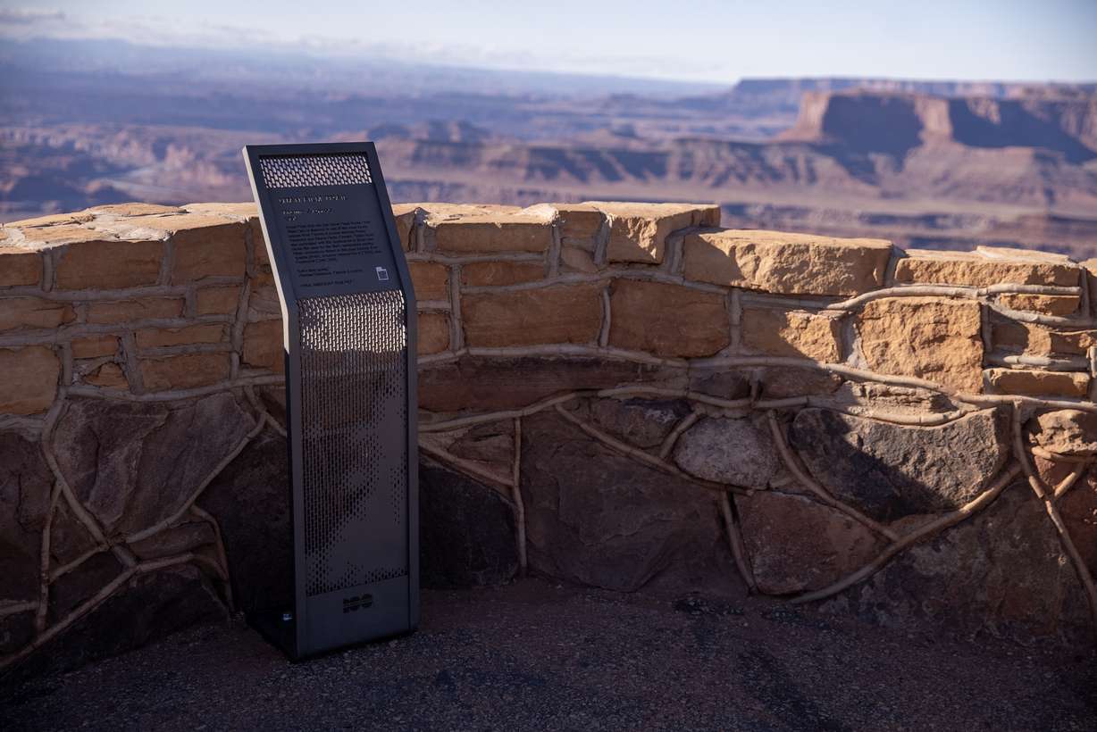 A Utah Film Trail marker is placed at Dead Horse Point State Park near Moab, which was the site of a famous moment in the 1991 movie "Thelma & Louise."