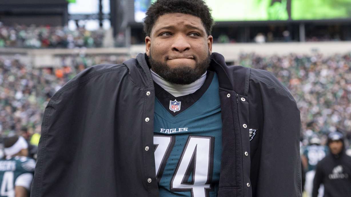Philadelphia Eagles tackle Fred Johnson (74) looks on during the NFL championship playoff football game against the Washington Commanders, Sunday, Jan. 26, 2025, in Philadelphia.