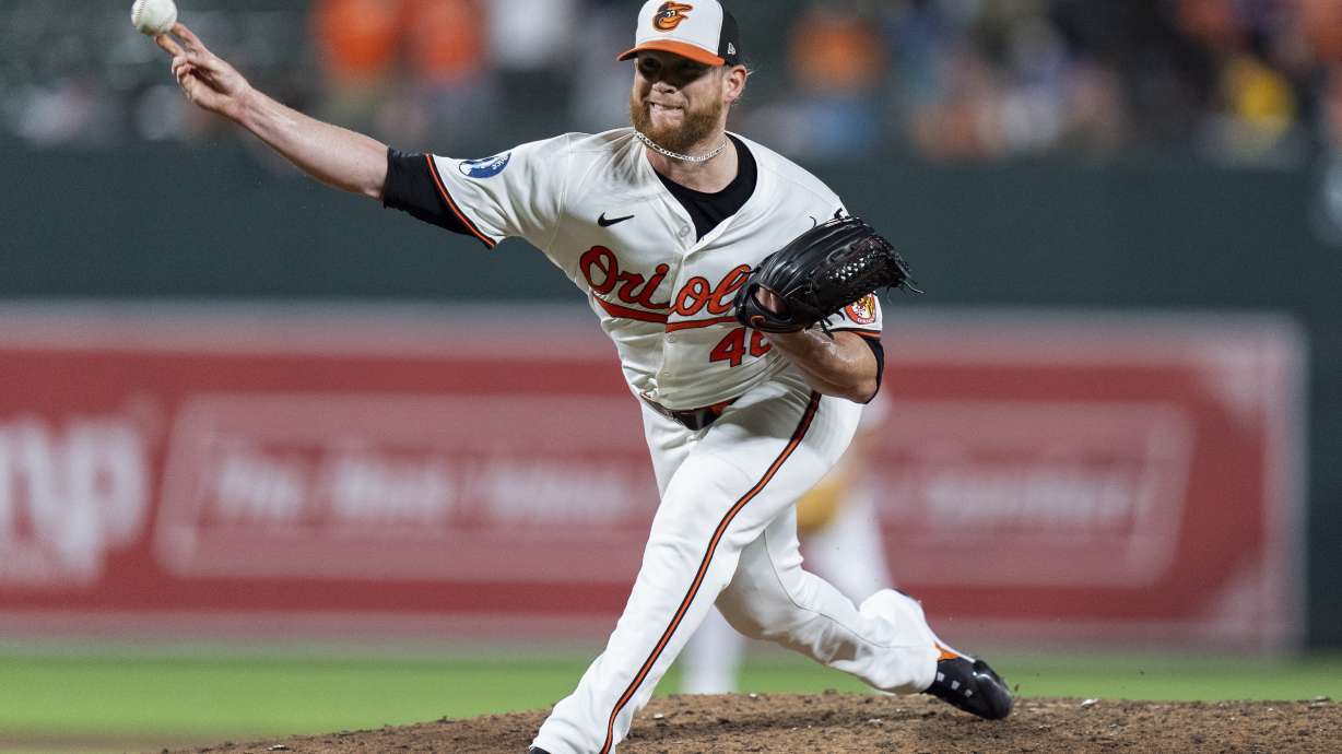 FILE - Baltimore Orioles relief pitcher Craig Kimbrel delivers during the ninth inning of a baseball game against the Chicago White Sox, Tuesday, Sept. 3, 2024, in Baltimore.