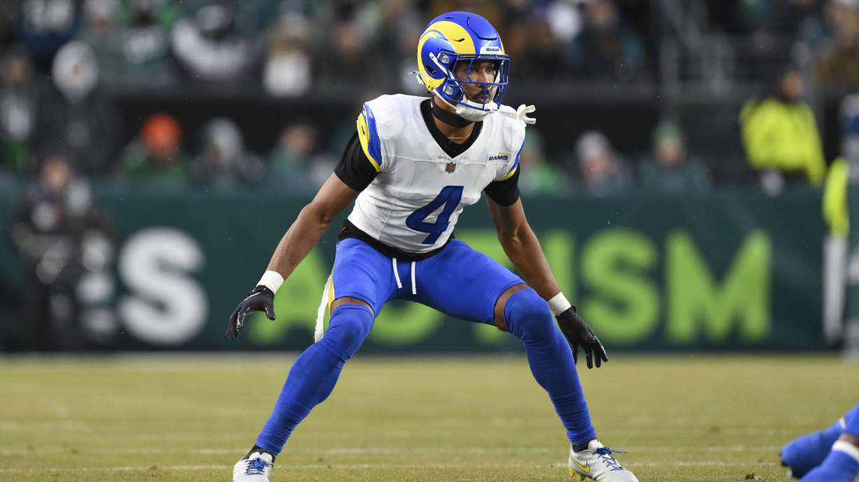 FILE - Los Angeles Rams cornerback Ahkello Witherspoon (4) in action during the first half of an NFL divisional playoff football game against the Philadelphia Eagles, Sunday, Jan. 19, 2025, in Philadelphia.