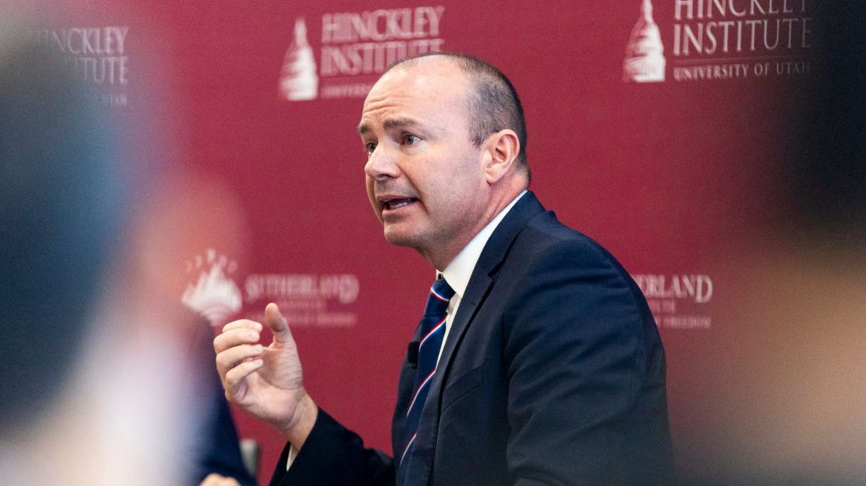 Sen. Mike Lee speaks at the Sutherland Institute’s Congressional Series at the Hinckley Institute of Politics on the campus of the University of Utah in Salt Lake City on Oct. 14, 2024. Lee is pushing to restrict the ability of judges to overrule presidential orders.