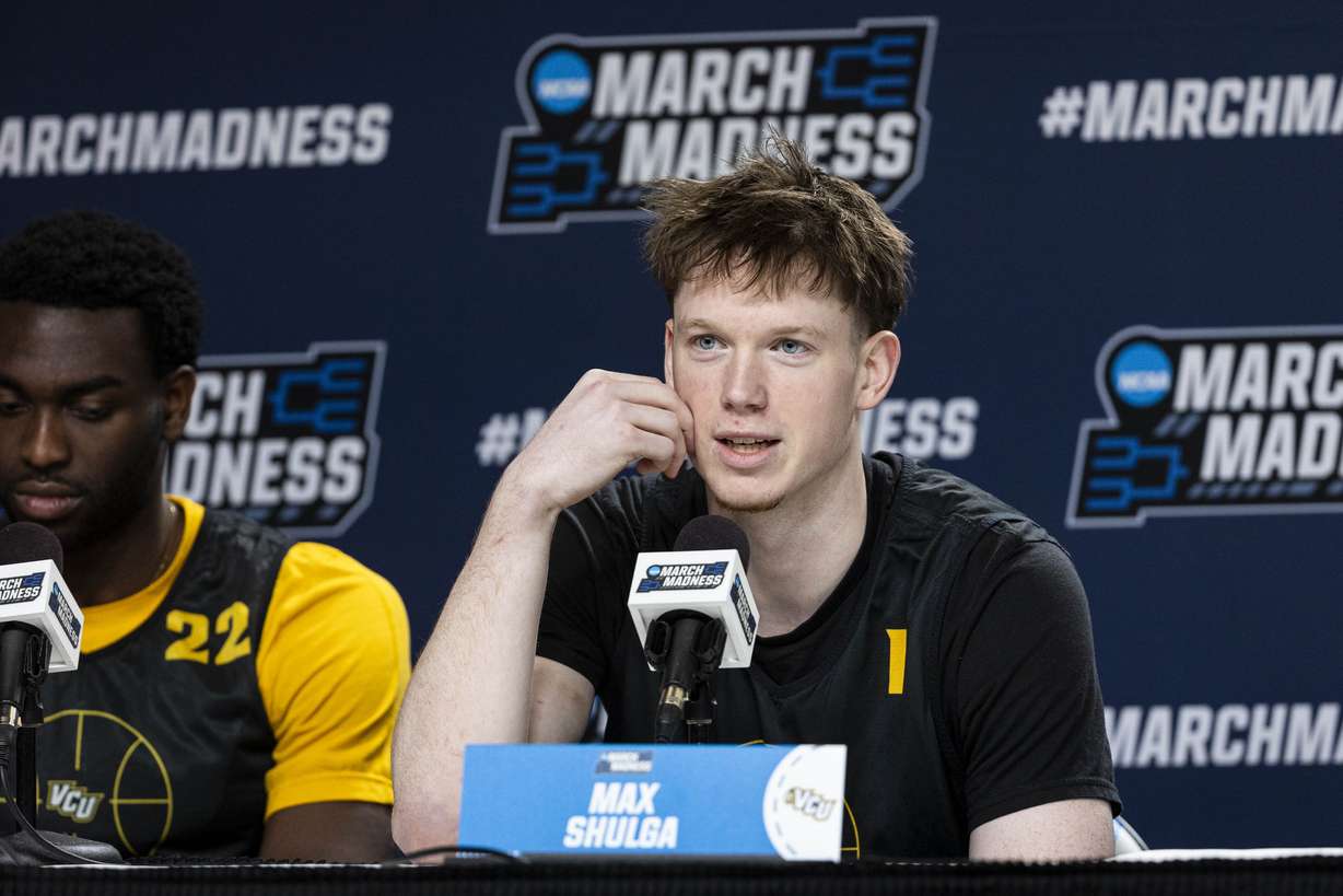 VCU Rams guard Max Shulga speaks during a press conference held at Ball Arena in Denver, Colo., on Wednesday, March 19, 2025.