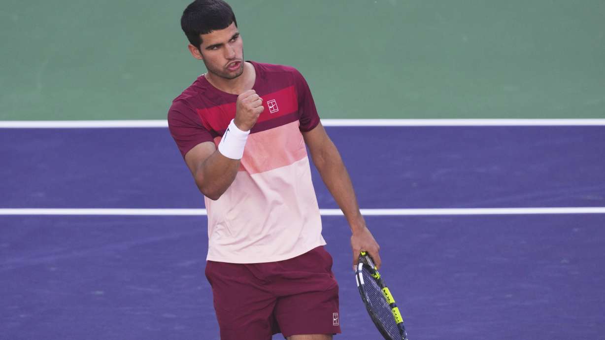 Carlos Alcaraz, of Spain, celebrates winning a point agiainst Jack Draper, of Great Britain, during their semifinals match at the BNP Paribas Open tennis tournament Saturday, March 15, 2025, in Indian Wells, Calif.