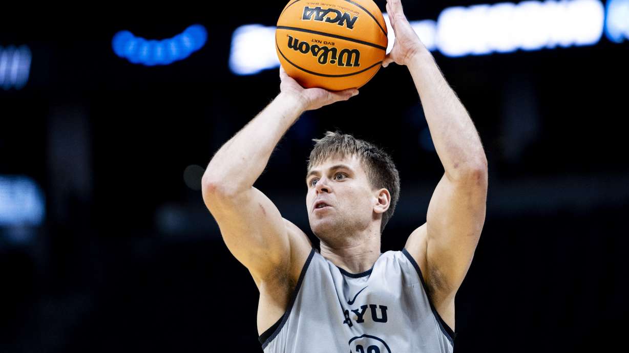 BYU Cougars guard Dallin Hall (30) takes a shot during a practice held at Ball Arena in Denver, Colo., on Wednesday, March 19, 2025.