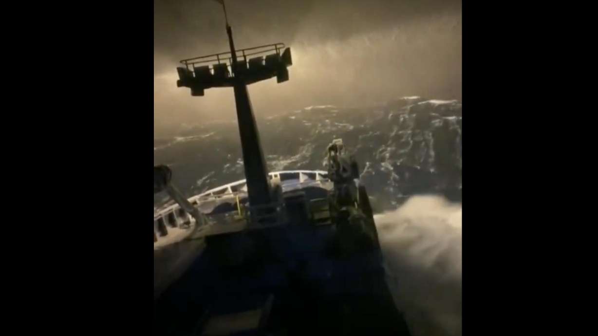 A screenshot from a video taken off a fishing boat on the Bering Sea near Alaska encountering a snow storm.