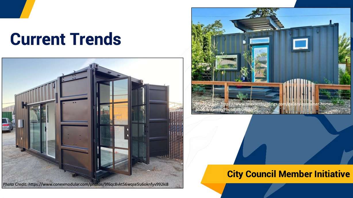 Ogden leaders launched debate Tuesday on allowing use of repurposed shipping containers in residential neighborhoods. The photo shows part of a city presentation on the topic.