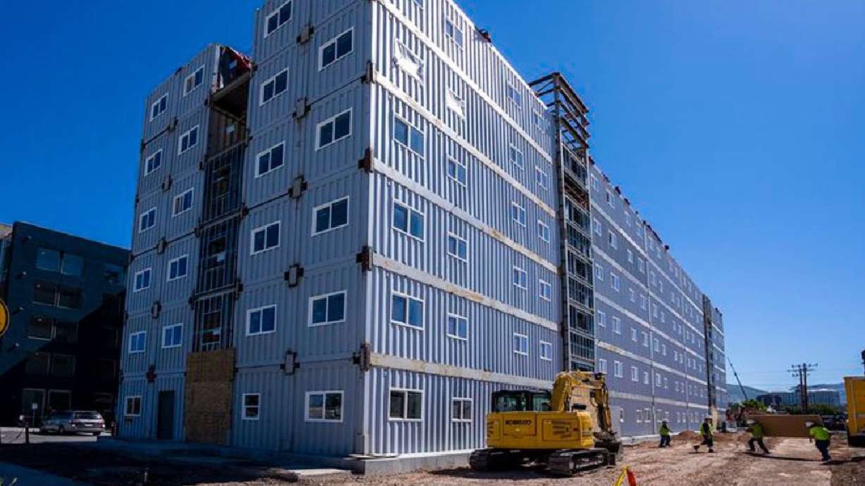 Box 500, the apartment building made of shipping containers in Salt Lake City. Project developers received the certificate of occupancy for the structure on Wednesday and will be searching for tenants.