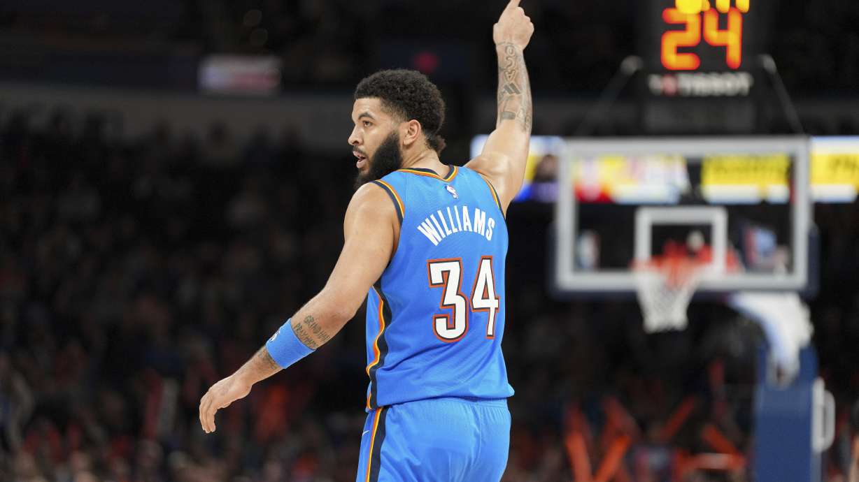 Oklahoma City Thunder forward Kenrich Williams celebrates during the second half of an NBA basketball game against the Philadelphia 76ers, Wednesday, March 19, 2025, in Oklahoma City.