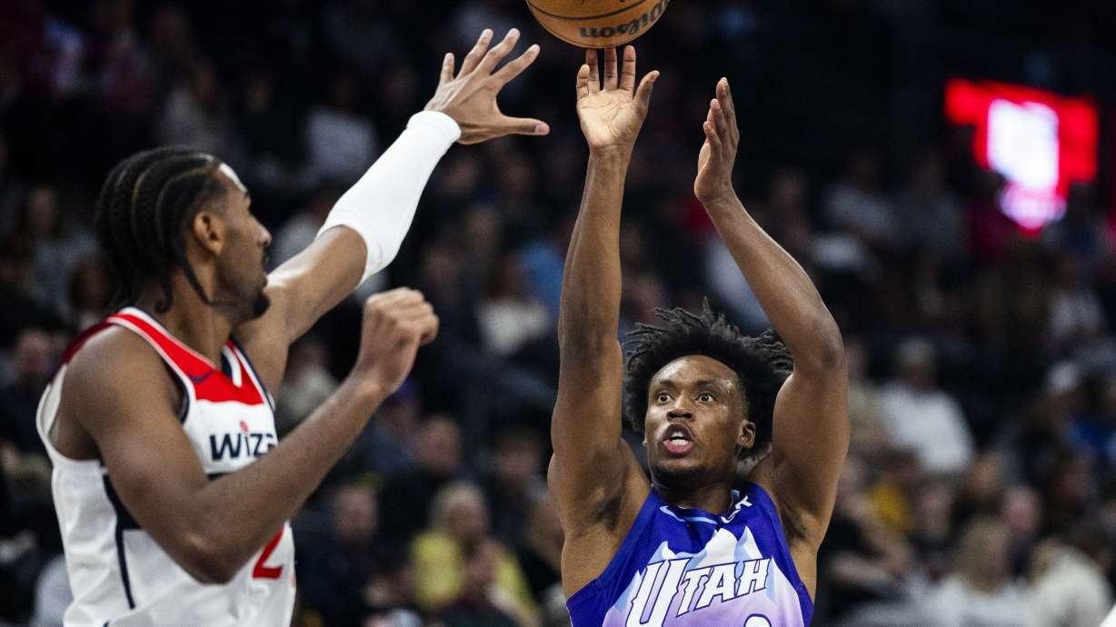 Utah Jazz guard Collin Sexton (2) puts up a 3-pointer during an NBA game between the Utah Jazz and the Washington Wizards at the Delta Center in Salt Lake City on Wednesday, March 19, 2025.