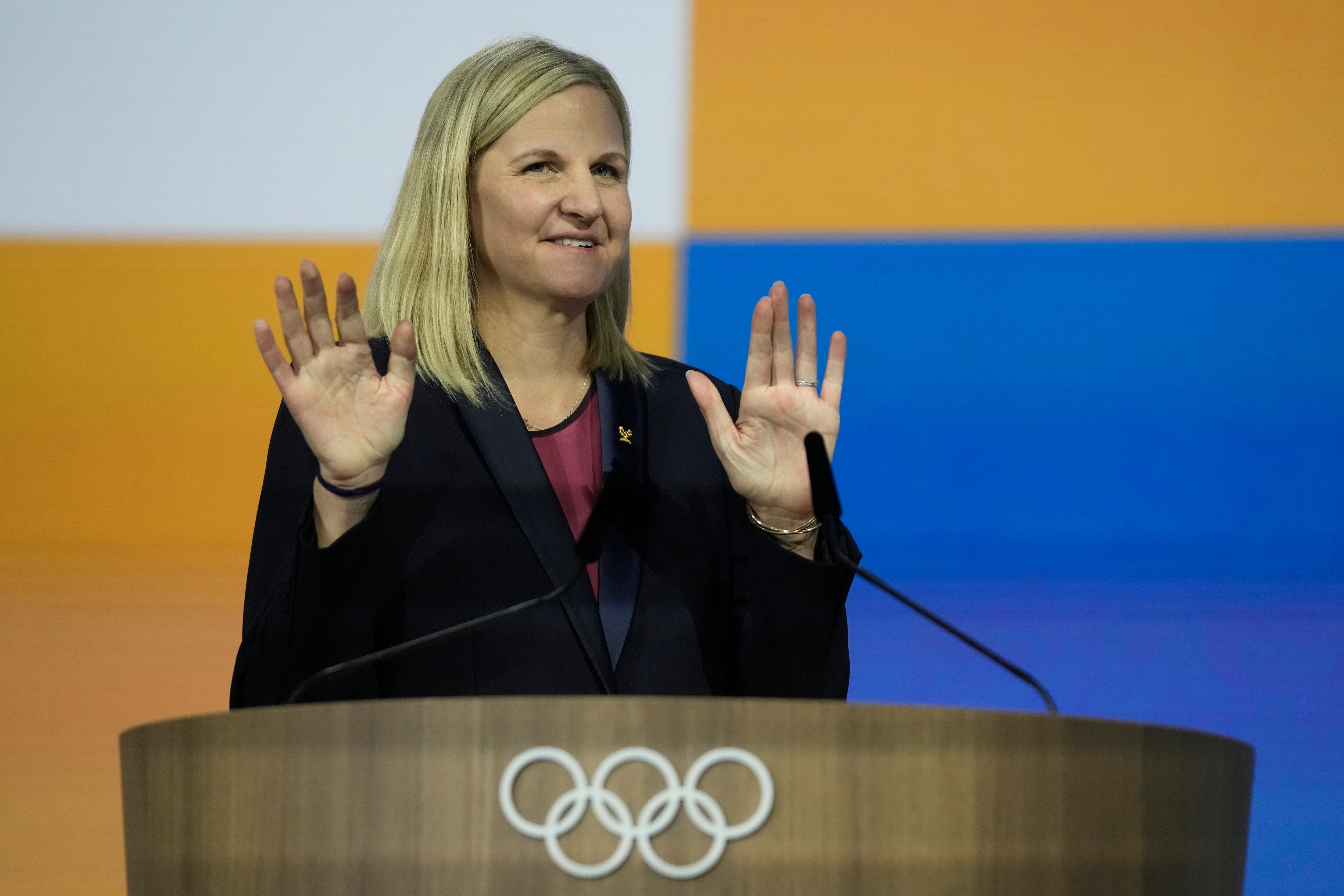 Kirsty Coventry speaks after she was announced as the new IOC president at the International Olympic Committee's 144th session in Costa Navarino, western Greece, Thursday.