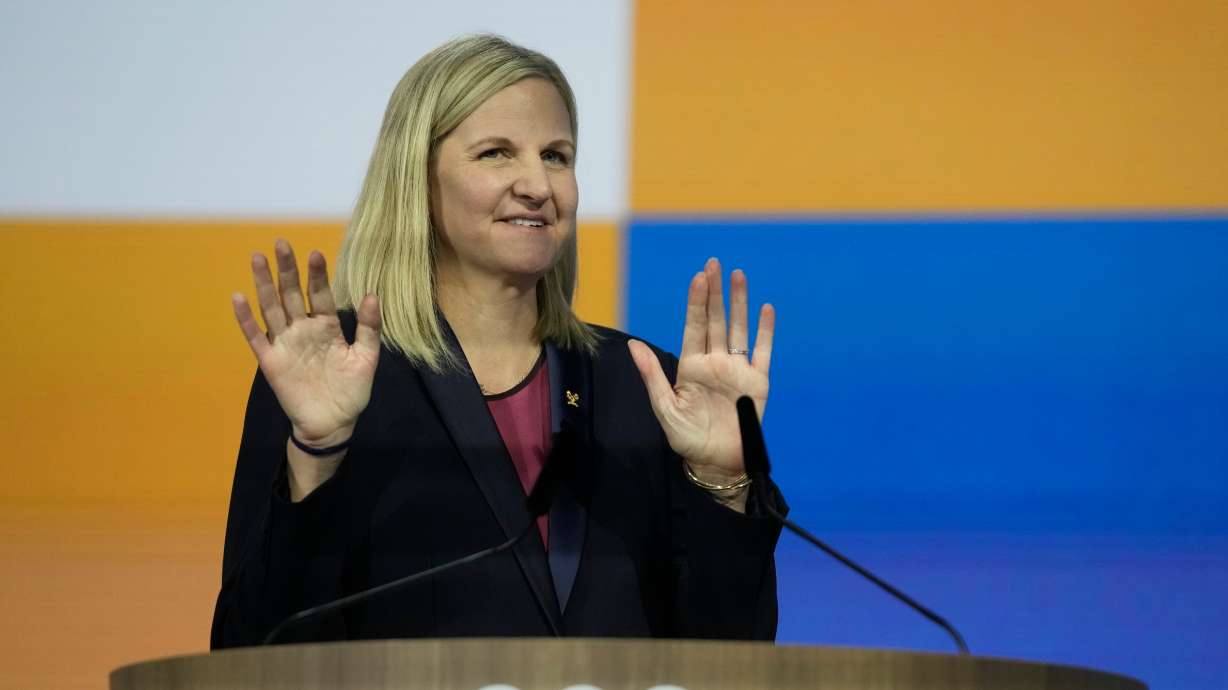 Kirsty Coventry speaks after she was announced as the new IOC president at the International Olympic Committee's 144th session in Costa Navarino, western Greece, Thursday.