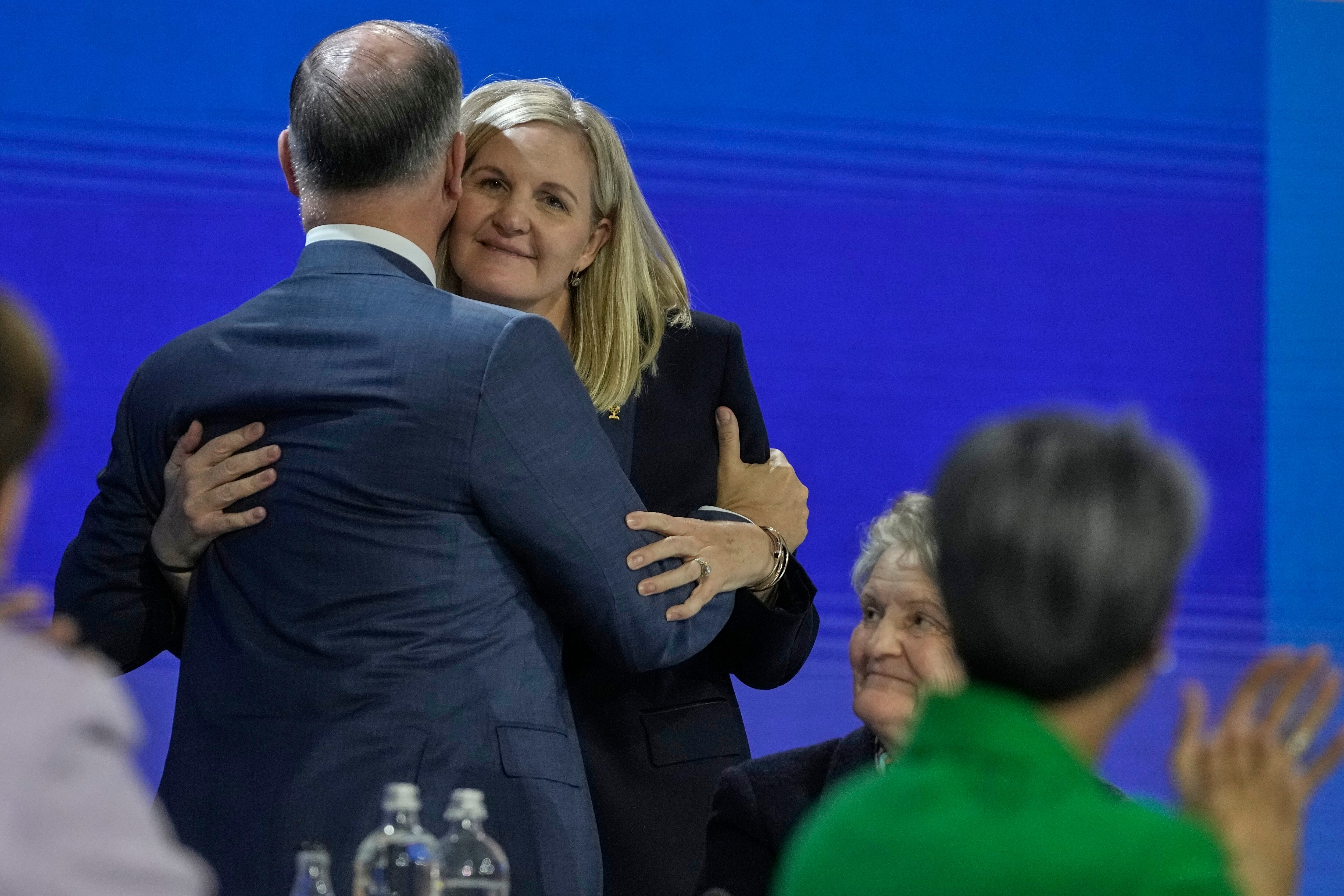 Kirsty Coventry is embraced as she is announced as the new IOC President at the International Olympic Committee's 144th session in Costa Navarino, western Greece, Thursday, March 20.