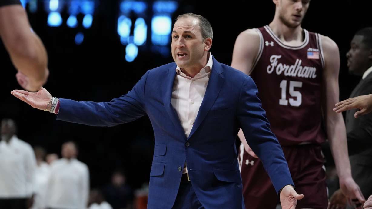 FILE - Fordham head coach Keith Urgo during the first half of an NCAA college basketball game against Dayton in the semifinals of the Atlantic 10 Conference Tournament, Saturday, March 11, 2023, in New York.