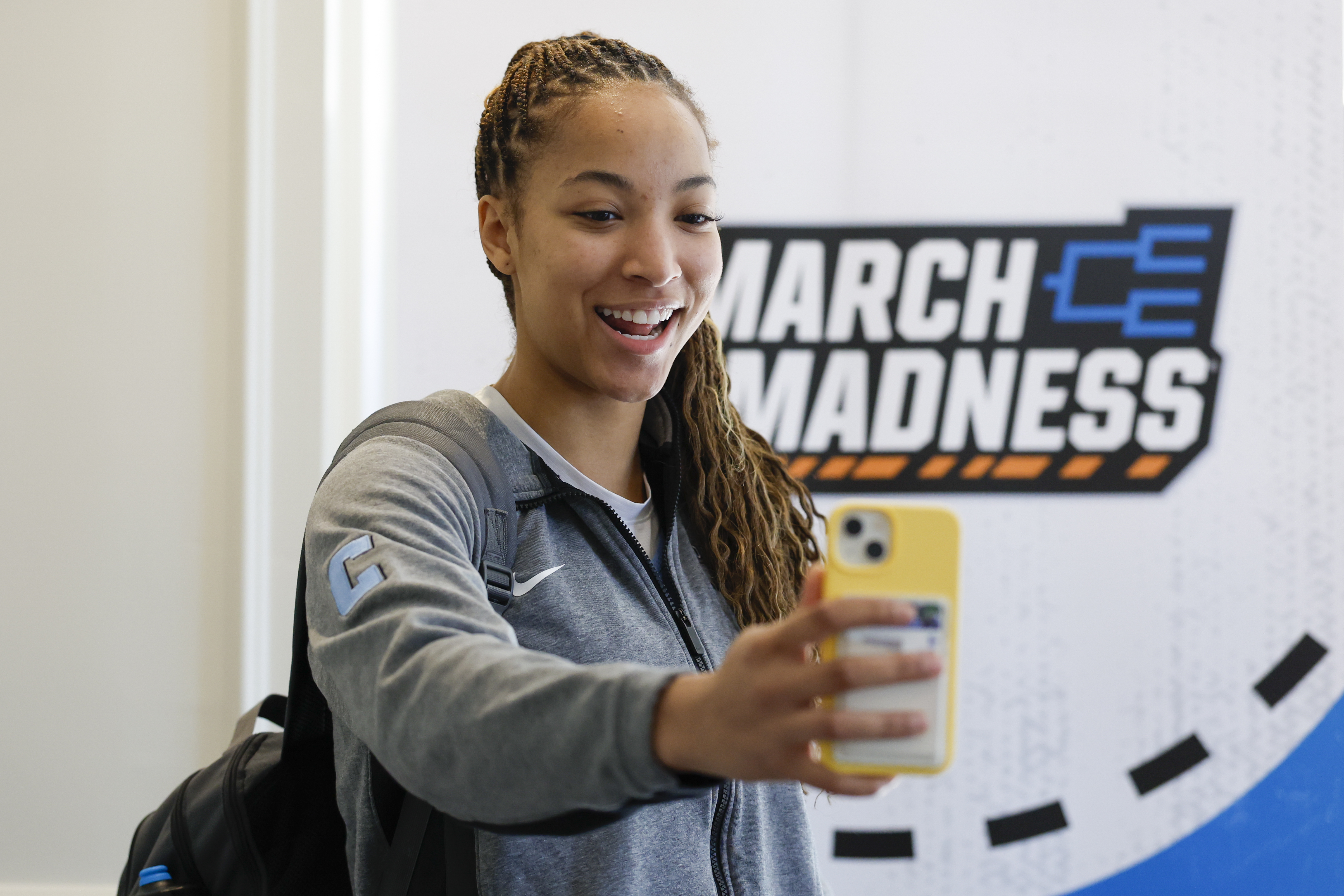 Columbia guard Nasi Simmons records a video for the team's social media at their hotel in Chapel Hill, N.C., Wednesday, March 19, 2025, before their First Four basketball game in the NCAA Tournament against Washington on March 20.